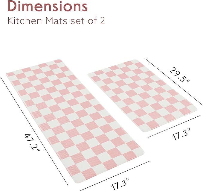 Pink Checkered Kitchen Mats for Floor Set of 2, 2 Pcs Cushioned Non Slip Runner Rugs for Kitchen/Sink/Laundry, Comfort Aesthetic Cute Anti-Fatigue Foam Floor Mat 17.3"x29.5"+17.3"x47.2"