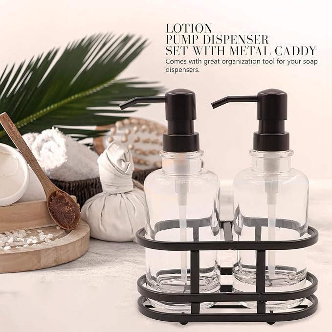 3 Piece Round Heavy Weight Glass Soap Lotion Pump Dispenser Set with Metal Caddy for Home Bath Kitchen Travel Office Hand Crafted Metal Tray Oil Rubbed Bronze