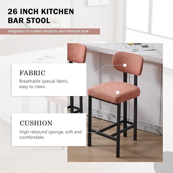 Modern Counter Stools Set of 4, 26" Upholstered Barstools with Back, Sturdy Black Metal Legs Dining Stools with Footrest for Home Pub Kitchen, Orange