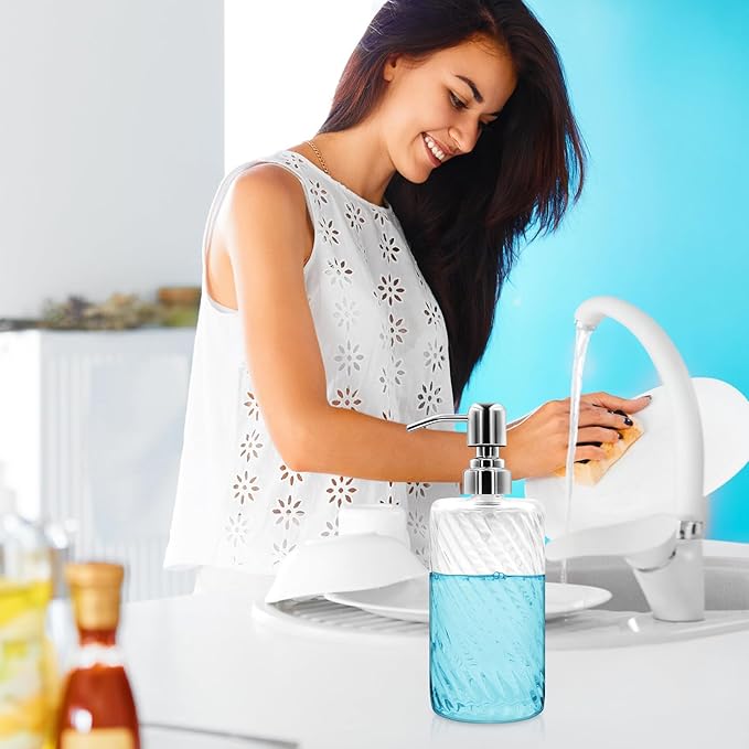 18 Oz Ribbed Glass Soap Dispenser with Stainless Steel Pump, Refillable Liquid Soap Bottle for Bathroom, Kitchen, Hand Soap, Dish Soap, or Lotion