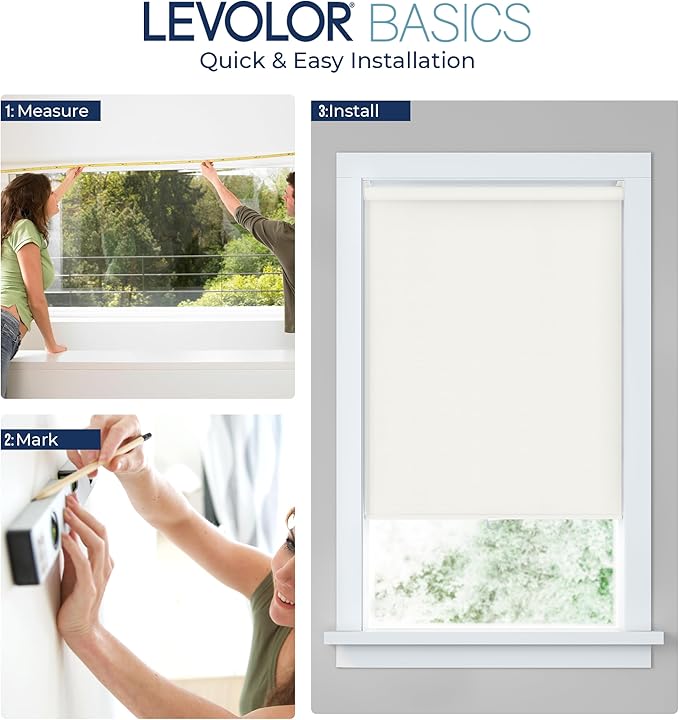 LEVOLOR Basics Cordless Fabric Roller Shade, Easy to Install Blackout Shades for Windows, Neutral White, Fits up to 21” Width and 72” Length, Home Solution for Any Space or Room Decor