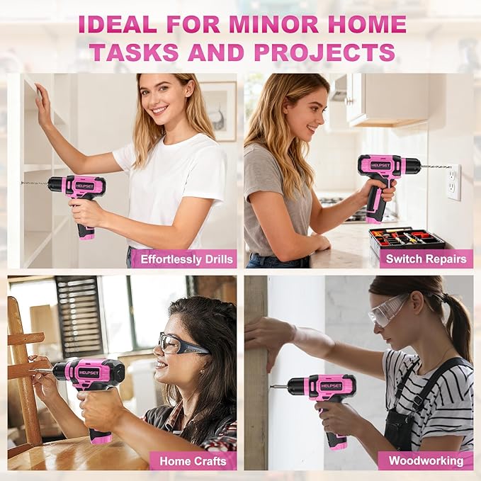 8V Cordless Drill Driver Set - 3/8" Keyless Chuck, 15pcs Drill Bits Included, Built-in LED Light for Drilling & Screwing, Comes with Toolbox for Storage (Pink)
