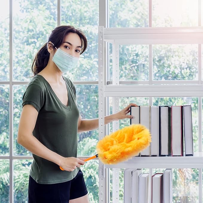 Vesici 100 Pcs Duster Refills Compatible with Swiffer Dusters Bulk Disposable Replacement Thickened with 1 Handle Heavy Duty for Cleaning, Office (Yellow,Blue,Orange,Purple)