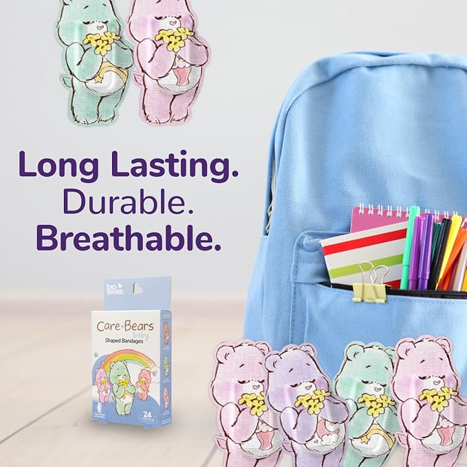 BioSwiss Care Bears Kids Bandages, Baby Care Bear Shaped Self Adhesive Bandage Set, Latex Free, Sterile Wound Care, 24 Count