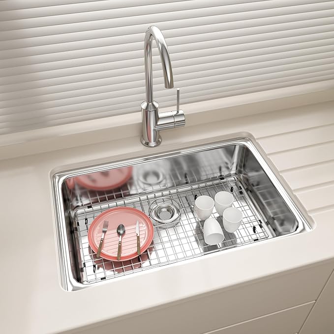 Stainless Steel Sink Rack 28.4" X 14.3",Sink Protector for Kitchen Sink,Sink Grate with Rear Drain Hole for Single Bowl, Metal Sink Grid for Bottom of Sink with Strainer,Corner Radius 0.5",1 Pack