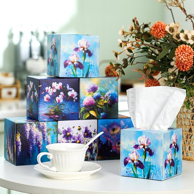 12 Pack Christmas Purple Flowers Facial Tissues Cube Face Boxes 600 Sheets 3 Ply Small Lavender Dandelion Wisteria Mandala Floral Square Tissues Bulk for Xmas Spring Car Bedroom Supplies