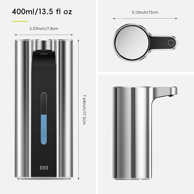 EKO Aroma Pro 13.5 fl oz Touchless Automatic Liquid Soap Dispenser, Rechargeable Hand & Dish Soap Dispenser for Bathroom and Kitchen Sink, Waterproof, Adjustable Volume Control (Chrome Metallic)