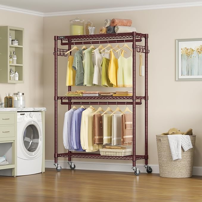 VIPEK R2 Plus Rolling Clothes Rack for Hanging Clothes Heavy Duty Clothing Rack 3 Tiers Adjustable Metal Wire Shelving Garment Racks with Side Hooks, Closet Organizers and Storage Wardrobe, Bronze
