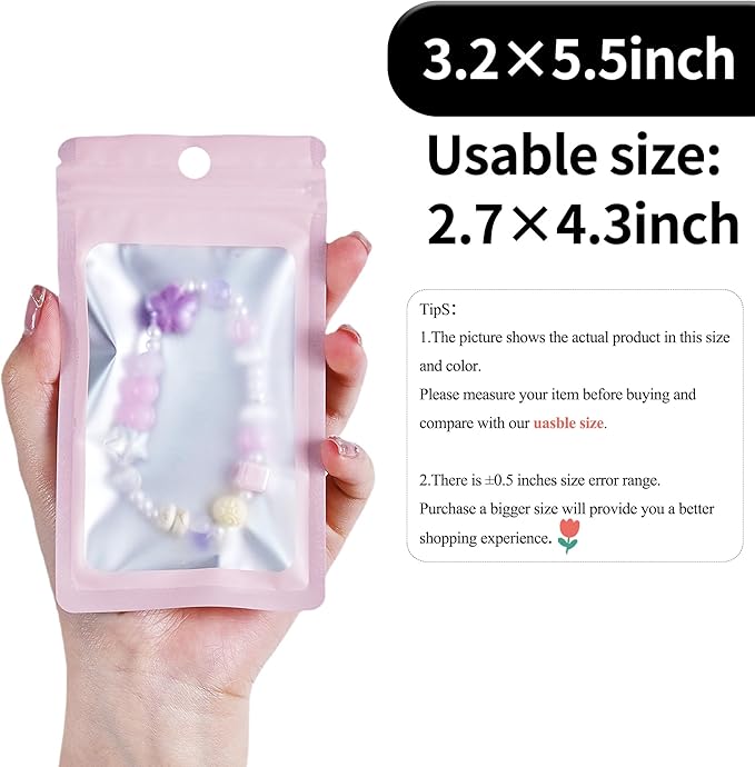 100 Pack Resealable Plastic Bags for Food Storage, Zipper Bags with Clear Front Window, Packaging Pouch for Small Business (Pink, 3.2x5.5 inch)