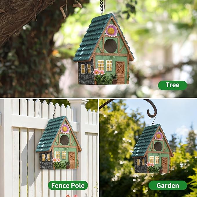 Cottage-Style Hanging Birdhouse with Flower Accents – Hand-Painted Resin Decorative Bird House for Outdoors, Weather-Resistant Garden Decor for Small Birds