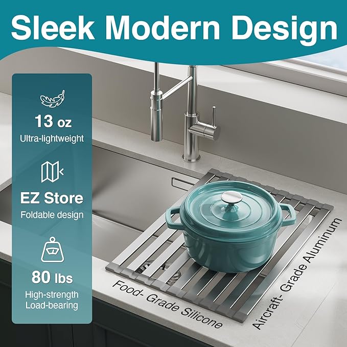 Rectangle Foldable Dish Drying Rack, Non-Slip Silicone Base, Over The Sink Aluminum Dish Drainer Rack for Kitchen Sink, Ideal for Drying Mat Easy to Store,17.7 x 13.4inch Matte Gray