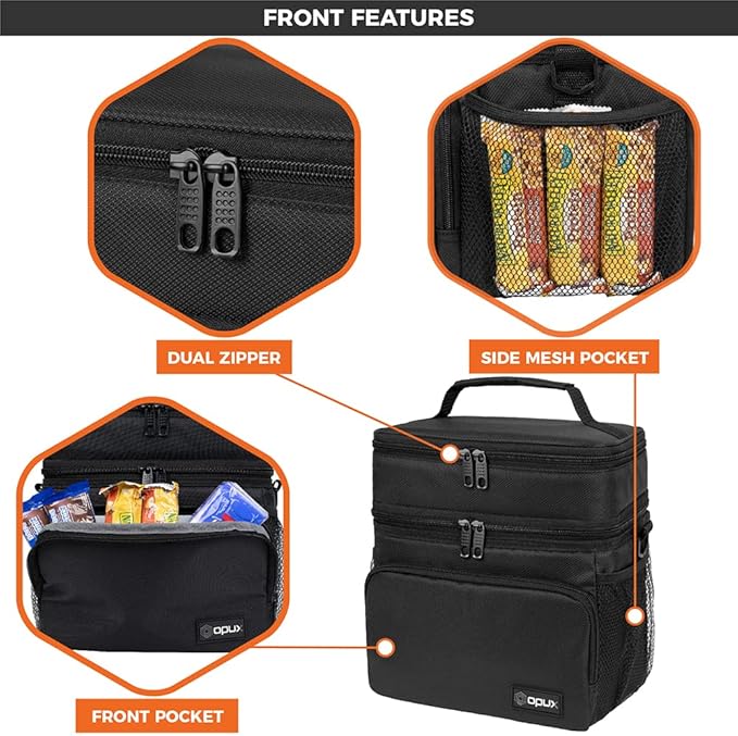 opux Insulated 2 Deck Lunch Bag for Men Women, Large Dual Compartment Cooler Bag for Work School Picnic, Leakproof with Strap for Kid Adult (Black)