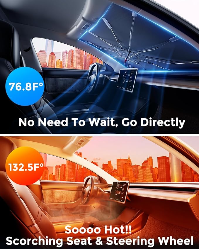 [2025 Updated] Bolamp Car Windshield Sun Shade, [Effective Keep Cool] Spring Structure Umbrella Sunshade for Automobile Windshield, Protect Cars Interior from Sun Rays, Heat Damage - Small
