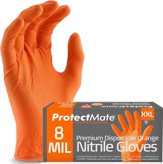 Orange Heavy Duty Nitrile Gloves - 8 Mil Textured Nitrile Gloves Disposable Latex Free