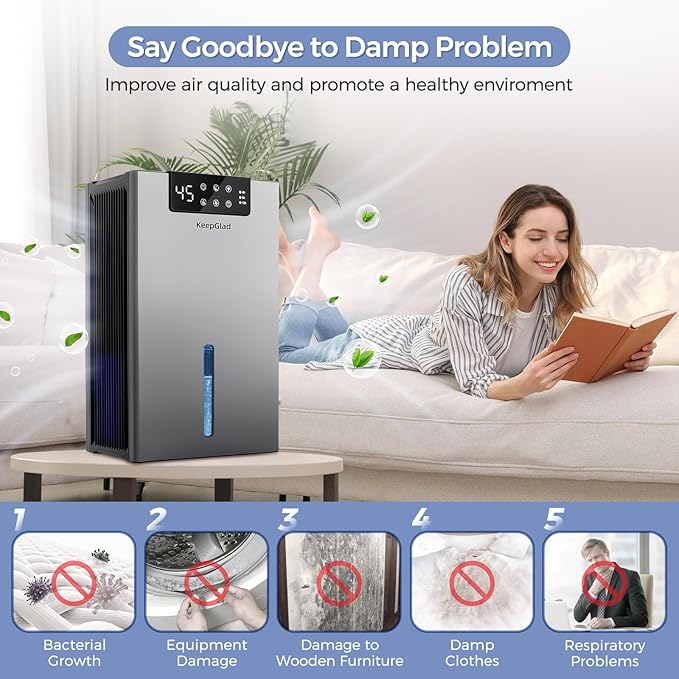 Dehumidifier, Dehumidifiers for Home(1000sq.ft), 98 OZ Water Tank, Dehumidifier Washable Air Filter, Dehumidifiers for Basement Bedroom Bathroom, Auto Shut Off, Timer Setting, 7 Colors Light, Gray