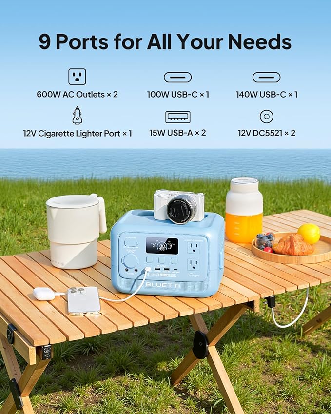 BLUETTI Elite 30 V2 Portable Power Station, 288Wh LiFePO4 Battery with 600W AC Outlet (Power Lifting 1500W), Fast Charge Solar Generator, UPS Backup Power for Outage, Camping, Road Trip