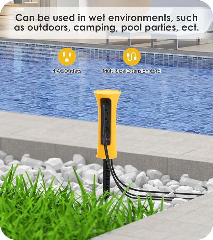 CCCEI Outdoor Power Strip Weatherproof with Stake, Waterproof Extension Cord with Multiple Outlets, Christmas Exterior Garden Decor, Yard, Camping, 4 Plugs, Surge Protector 10FT, Yellow.