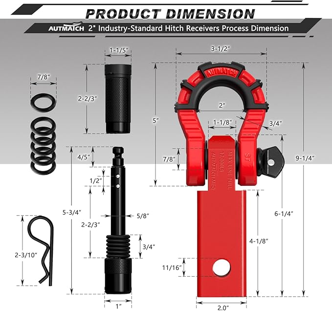 AUTMATCH Shackle Hitch Receiver 2" with 3/4" Mega D Ring Shackle and 5/8" Trailer Hitch Lock Pin, 68,000 Lbs Break Strength Heavy Duty Receiver Towing Kit for Off-Road Vehicle Recovery, Red
