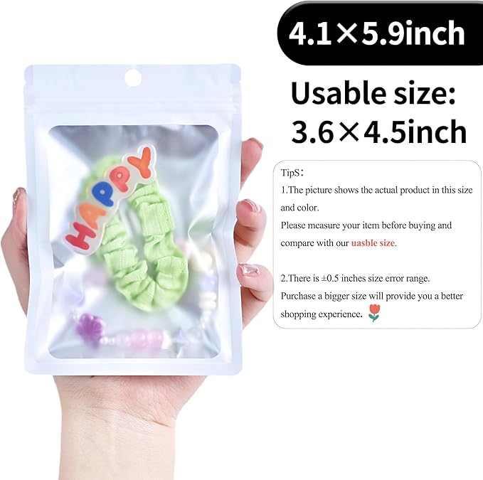 100 Pack Resealable Plastic Bags for Food Storage, Zipper Bags with Clear Front Window, Packaging Pouch for Small Business (White, 4.1x5.9 inch)