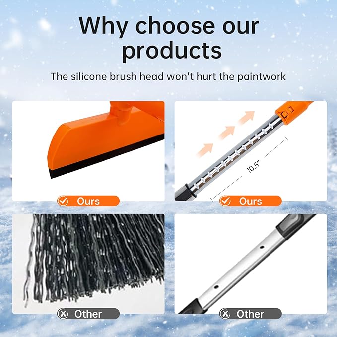 49.2inch Ice Scraper with Snow Brush, Ice Scrapers for Car Windshield,Extendable Snow Removal Tool for Car Window with Foam Grip,360° Silicone Brush Head for Car Auto Truck SUV (Orange)