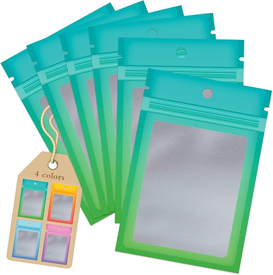 Funfery 100 Pack Resealable Bags Smell Proof Bags for Food Storage,Clear Cute Mylar Bags for Small Business Foil Pouch Zipper Packaging Bag for Sample Jewelry Eyelash Gloss(Blue Green, 4×6in)
