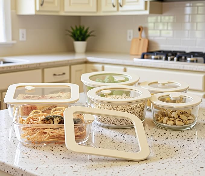 Urban Green Glass Food Container Set with Glass Lid (White Sand-6P)