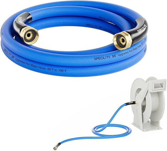 SPECILITE Female to Female Hot/Cold Garden Water Hose 10 ft x 5/8 Inch for Hose Reel, -50℉To 190℉, Heavy Duty, Flexible, Burst 605 Psi, Rubber Extension Pipe with 3/4" Brass Fittings
