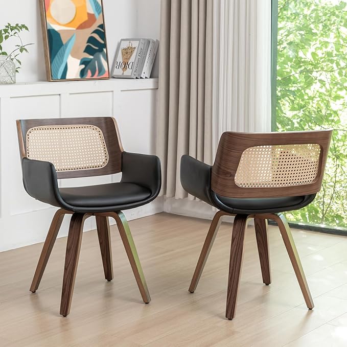Set of 2 Mid Century Modern Dining Chairs - Rattan Dining Chairs with Curved Arms, Cane Back, Walnut Bentwood Frame, Faux Leather Seat, Versatile for Restaurant/Kitchen/Living Room (Walnut Black)