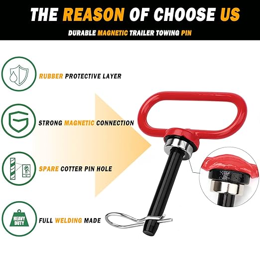 2 Packs Magnetic Hitch Pin, Lawn Mower Trailer Hitch Pins 1/2 Inch with Handle and Clip, Trailer Gate Pin for Mowers, Tractor Truck, Towing Cargo, ATV - Simple One Handed Hook On & Off（Red