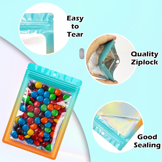 300 Pcs Holographic Mylar Bags, 3 Size Smell Proof Bags with Clear Window Foil Pouch Bags Resealable Bags for Small Business and Food Storage, Blue Orange