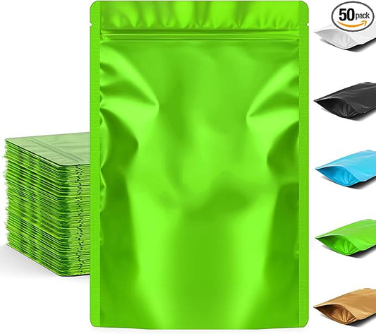 FUNFERY 3.5x5.1 inch Stand Up Mylar Resealable Bags for Food Storage,Smell Proof Foil Pouch,Food Packaging Sealable Bags,Mylar Zipper Bag for Jerky,Candy,Cereal,Coffee, Cards,Green,50 Pack