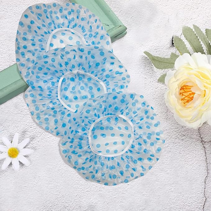 18Pcs Plastic Shower Caps for Women Waterproof Bath Caps Bathing Hair Cap Reusable Shower Caps for Shower,Spa,Salon,Housework,Girls,Home,Travel (Blue)