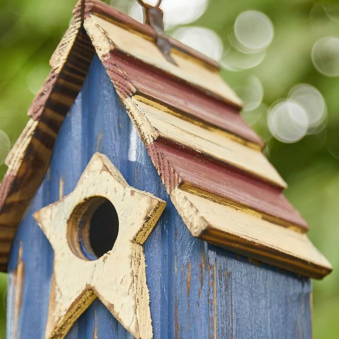 Glitzhome Rustic Patriotic Garden Distressed Wooden Decorative Bird House 9" H