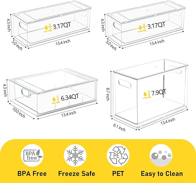 4 Pack Refrigerator Organizer Bins with Pull-out Drawer Stackable Clear Fridge Drawer Organizer Fruit Vegetable Storage Containers for Kitchen Pantry Organization (1 Large+1 Tall+2 Small)