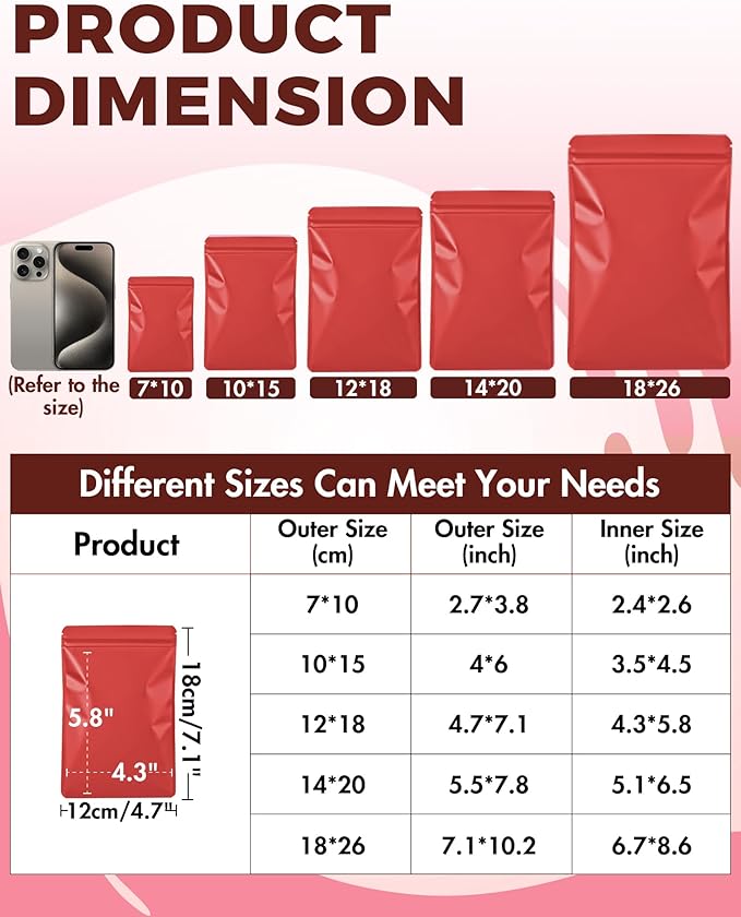 FireKylin 100 Pack Resealable Packaging Bags for Small Business Double-Sided Color Smell Proof Bag for Food Storage Flat Bags (Red, 4.7" x 7.1")