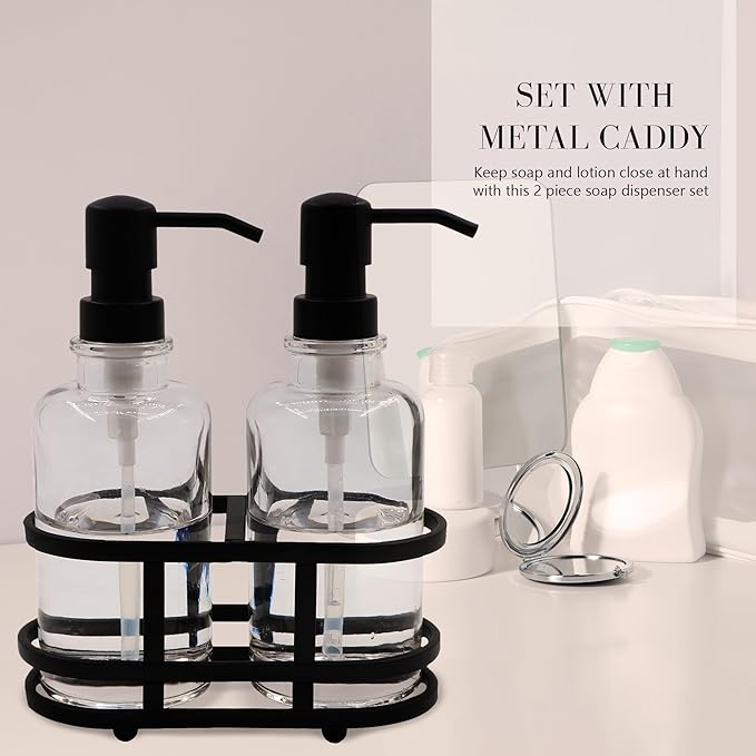 3 Piece Round Heavy Weight Glass Soap Lotion Pump Dispenser Set with Metal Caddy for Home Bath Kitchen Travel Office Hand Crafted Metal Tray Matte Black