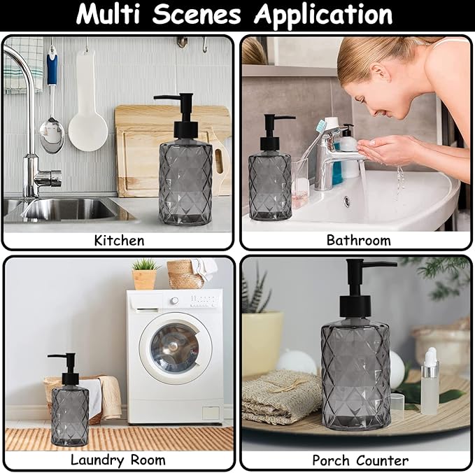 Glass Soap Dispenser with Black Plastic Pump, 12oz Refillable Liquid Hand Soap Dispenser, Crystal Lotion Bottle for Modern Home Decor, Bathroom, Kitchen Countertop, Hotel