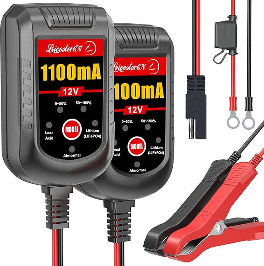 [2-Pack] Trickle Battery Charger 12V 1100mA Smart Car Battery Charger Battery Maintainer Float Charger for Motorcycle Lawn Mower Tractor Automotive ATV Lead Acid and Lithium Batteries