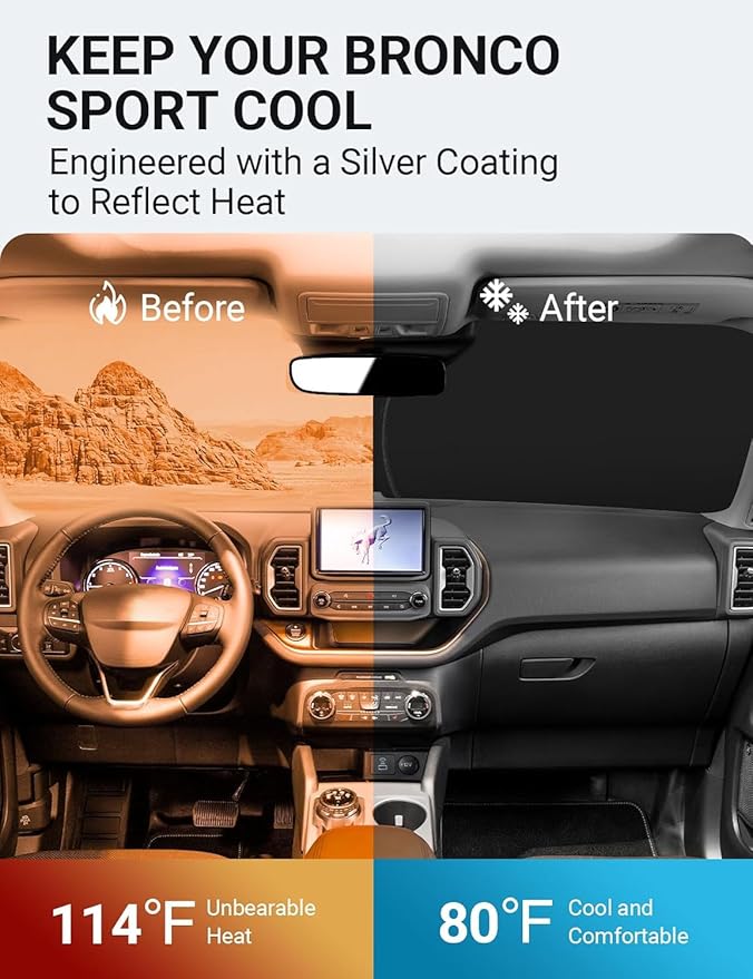 Proadsy 2025 Upgrade Windshield Sun Shade Custom Fit Ford Bronco Sport 2021-2024 2025 4-Layer Foldable Front Sunshade Protector Sun Visor Blocks UV Rays Keep Car Cooler