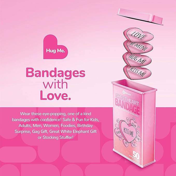 BioSwiss Kids Bandages, Valentine Heart Shaped Self Adhesive Bandage Set, Latex Free, Sterile Wound Care, 50 Count