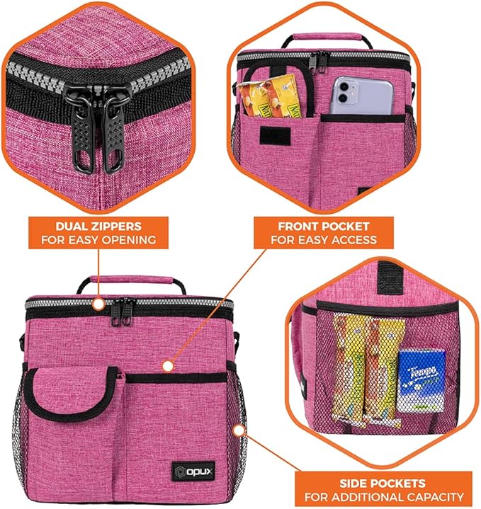 opux Insulated Lunch Bag for Men Women, Leakproof Heather Pink Lunch Box for Work, Portable Soft Lunch Cooler Bag with Shoulder Strap, Adult Lunchbox Lunch Pail for Kid Boy Girl School, 18 Can/10L