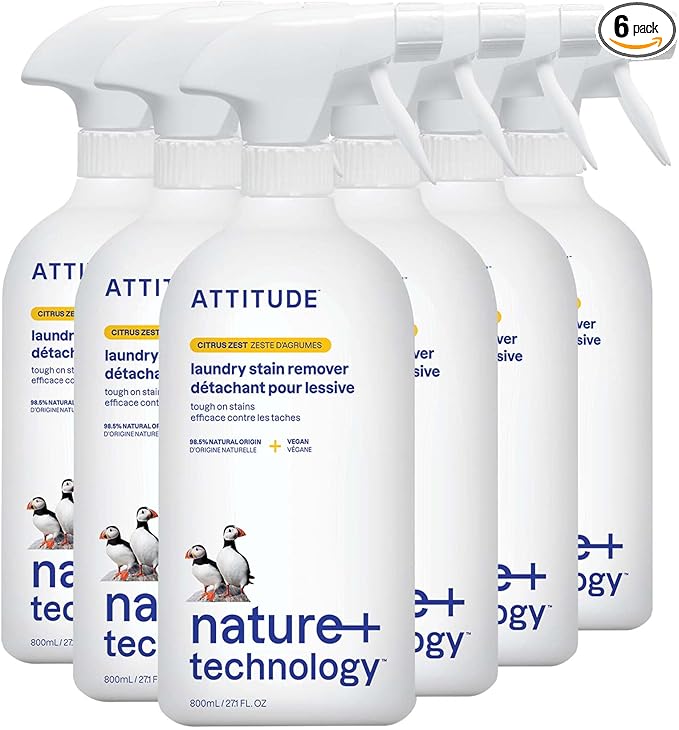 ATTITUDE Stain Remover Spray for Laundry, Removes Odors & Stains, Plant-Based & Vegan, Citrus Zest Scent, 27.1 Fl Oz (Pack of 6)