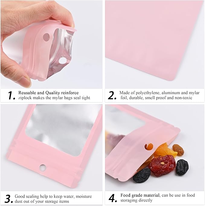 100 Pack Resealable Plastic Bags for Food Storage, Zipper Bags with Clear Front Window, Packaging Pouch for Small Business (Pink, 4.7x7.9 inch)