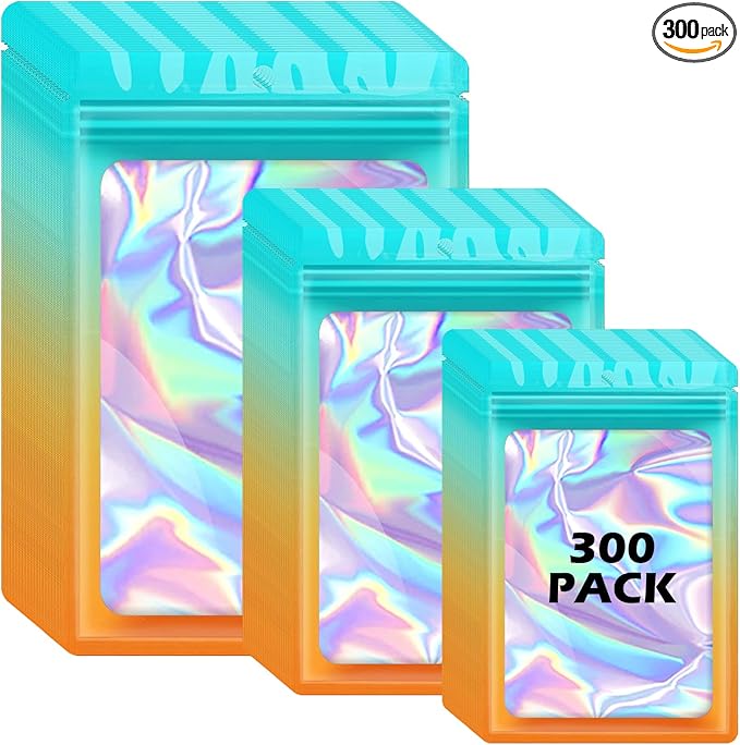 300 Pcs Holographic Mylar Bags, 3 Size Smell Proof Bags with Clear Window Foil Pouch Bags Resealable Bags for Small Business and Food Storage, Blue Orange