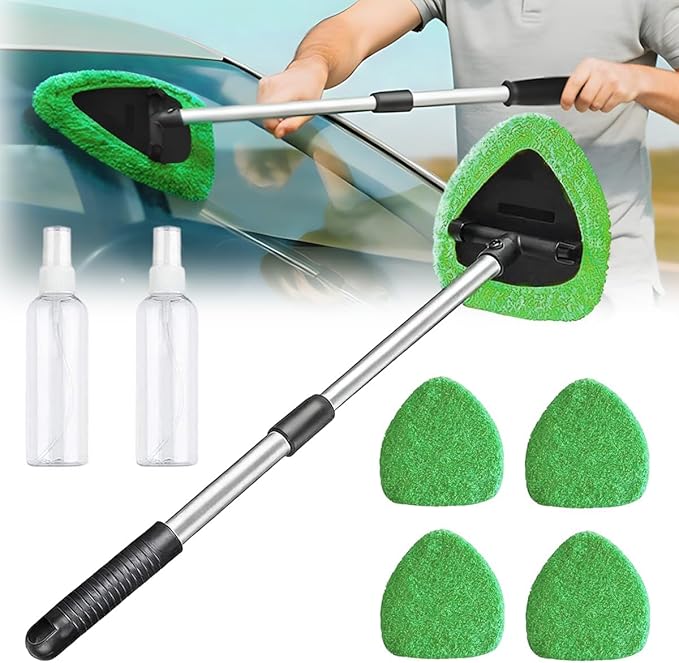 Car Windshield Cleaning Tool Set, Interior Exterior Auto Glass Cleaner Kit with Extendable Handle and 4 Reusable Microfiber Pads for Cars Trucks and Home (Green)