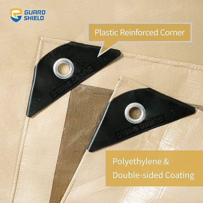 GUARD SHIELD Beige Tarp Heavy Duty Waterproof 10x10 Feet Outdoor Poly Tarps Cover Square Thick UV Resistant Canopy Tarpaulin with Grommets 10mil