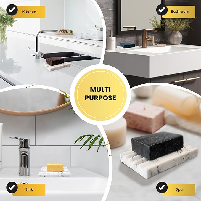 DAY1 Marble Soap Dish Tray – Bathroom Sink Soap Holder, Vanity Tray, Brush Organizer, Decorative Resin Dish for Kitchen, Countertop, Bathtub, Bar Soap, Sponges, Paint Brushes (White)