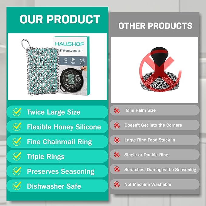 HAUSHOF Cast Iron Scrubber, Chainmail Scrubber with Silicone Core, Premium Chainmail Scrubber Sponge for Skillet, Pan, Dutch Oven