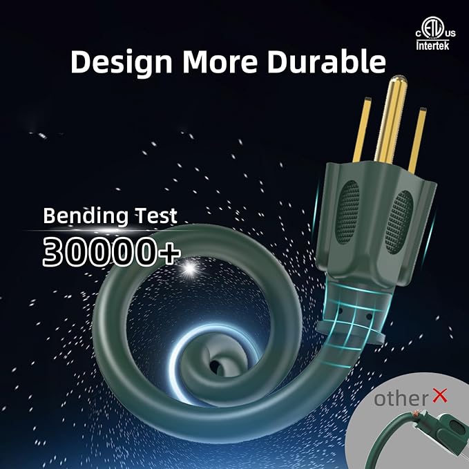 50FT 16/3 Gauge Green Outdoor Extension Cord Waterproof Heavy Duty, 3 Prong Cold Weatherproof -40℉ Flexible Power Cord, 13A 1625W SJTW ETL Listed for Lawn Mower, Christmas Lights, Tools