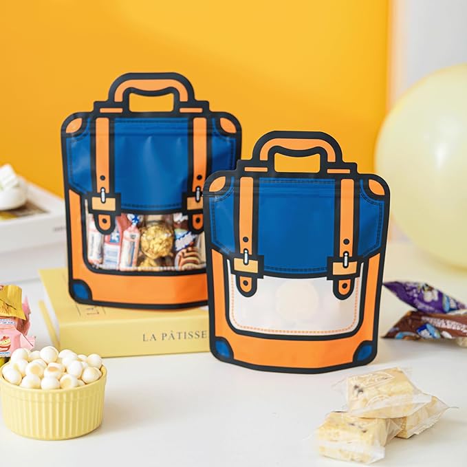50 Pcs Resealable Stand Up Bule Backpack Bags, 6.3 x 8.2 Inch Food Storage with Handle, Clear Window, Reusable Zip Lock